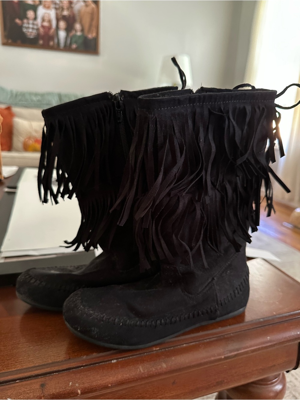 Girls Black Fringe Suede Boots